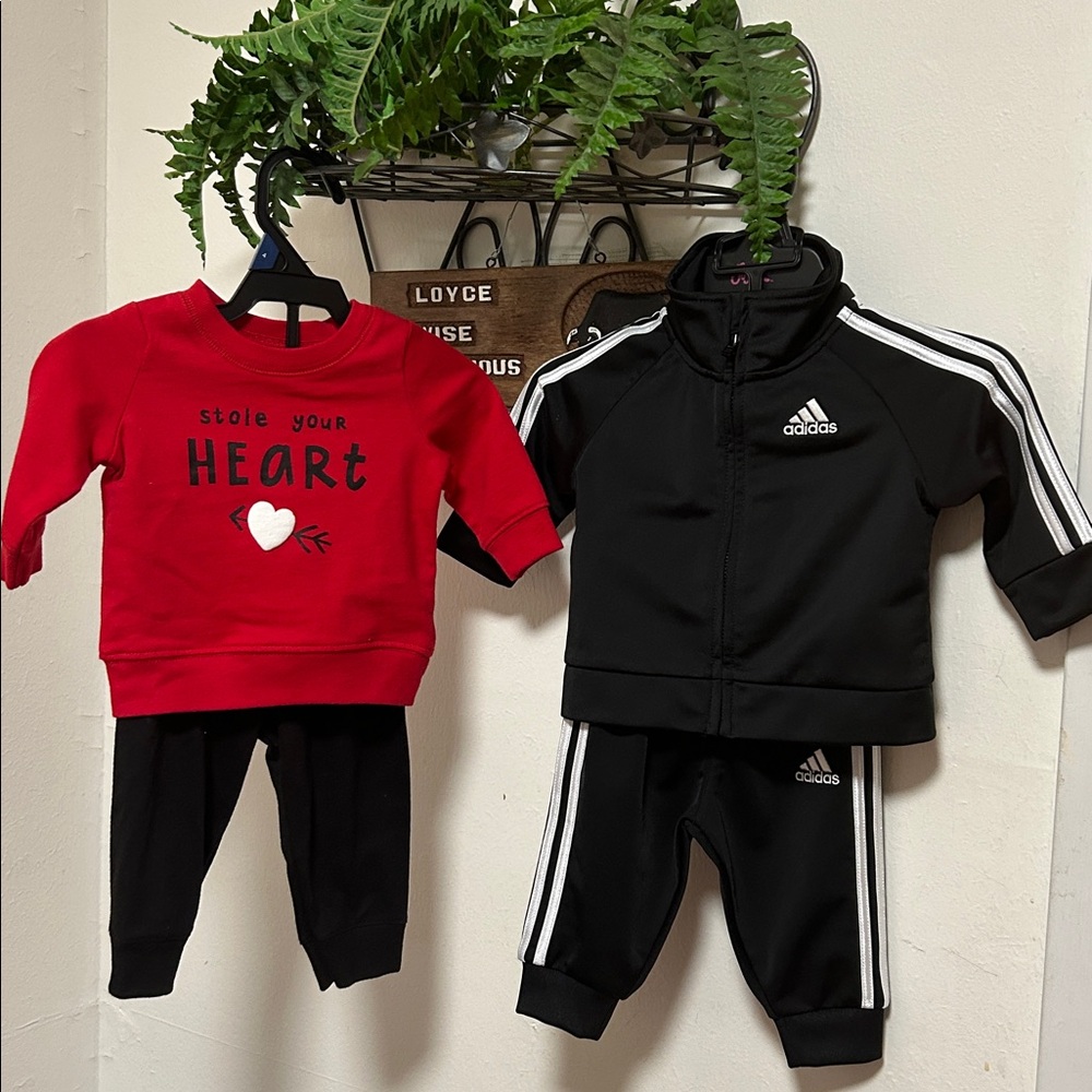 Two New Sets- Adidas Black Infant Tracksuit and Red & Black Sweat Shirt & Jogger